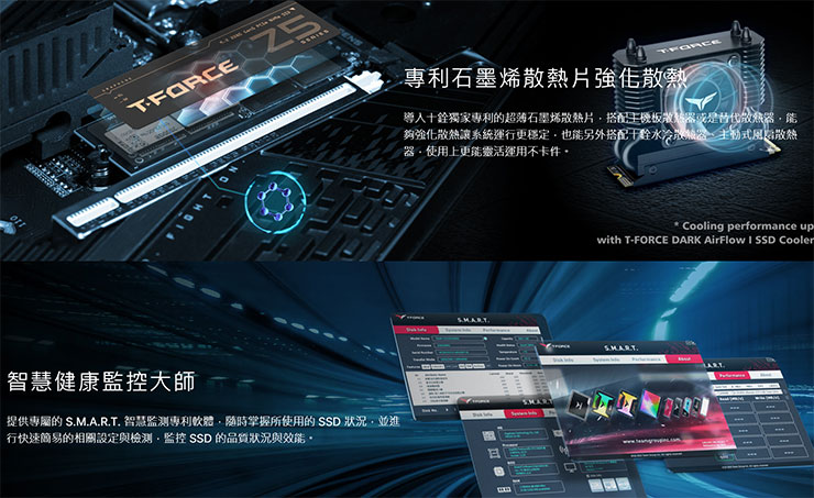 T-FORCE Z54E PCIe 5.0 固態硬碟擁有專利石墨烯散熱片強化散熱，同時也有智慧監控工具隨時掌握 SSD 狀況