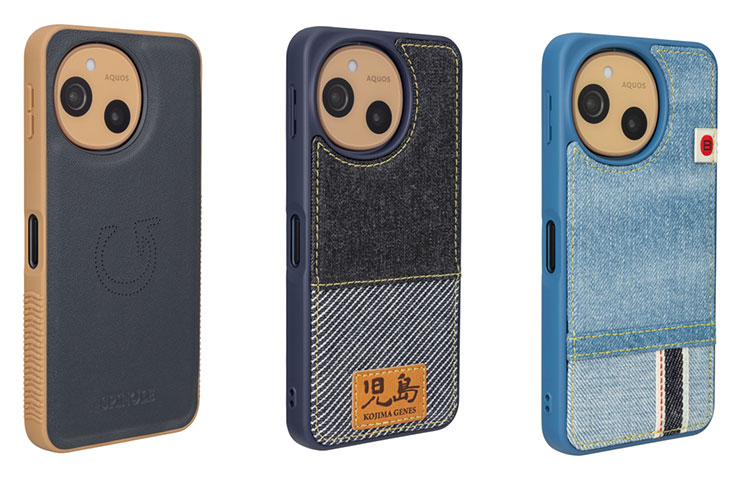 與日本手工球鞋品「SPINGLE」 合作推出的聯名保護殼（左），與日本牛仔品牌「児島ジーンズ」聯名保護殼（中）與「BLUE SAKURA」聯名保護殼（右）