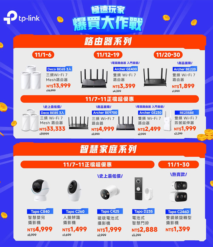 Wi-Fi 7普及元年!TP-Link 雙 11 檔期路由器、智慧家庭產品全面下殺 5 折起! - 阿祥的網路筆記本 TP-Link 迎戰雙 11,Deco 、Archer Wi-Fi 7 路由器與 Tapo 智慧家庭全系列限時 5 折起,為消費者打造更快、更穩、更智慧的連線體驗。