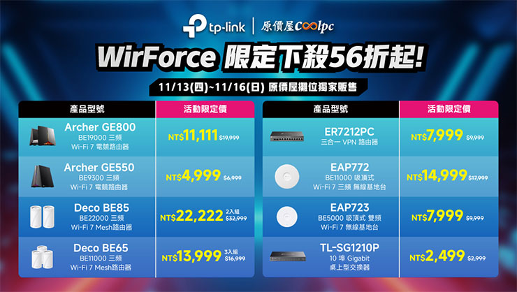 TP-Link 攜 Wi-Fi 7 全系列產品亮相 WirForce 2025,世界冠軍 ET 現場接受玩家挑戰! - 阿祥的網路筆記本 TP-Link展出Archer、Deco、Omada三大系列商品,於展期推出限定優惠,最高下殺近萬元。