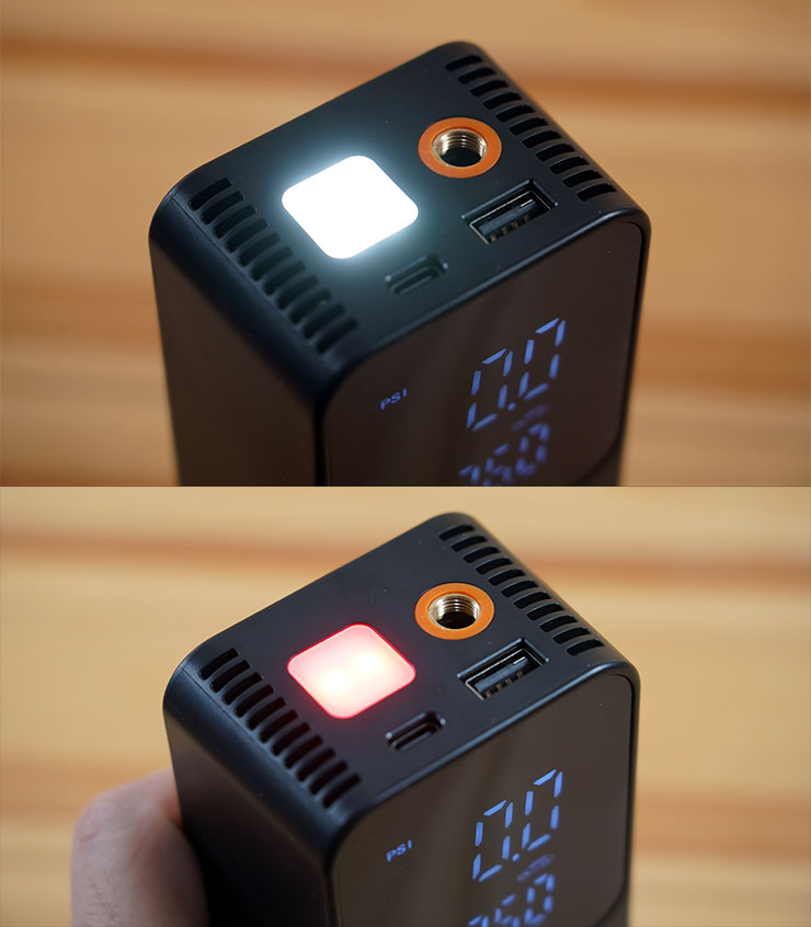 飛樂打氣王 2 急速無線電動打氣機 TP20II 開箱實測:打氣更快速,電量更提升!更易於攜帶的救車神器! - 阿祥的網路筆記本 TP20Ⅱ 隨附的 LED 燈光可啟動白光照明,或是以紅光閃爍方式作為警示燈使用。