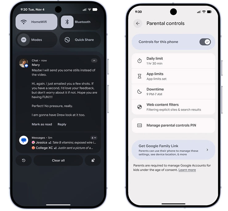 （圖左）AI 通知摘要，自動濃縮冗長的訊息和群組聊天內容；（圖右）通知整理功能，系統會自動辨識並把次要通知進行分類或靜音