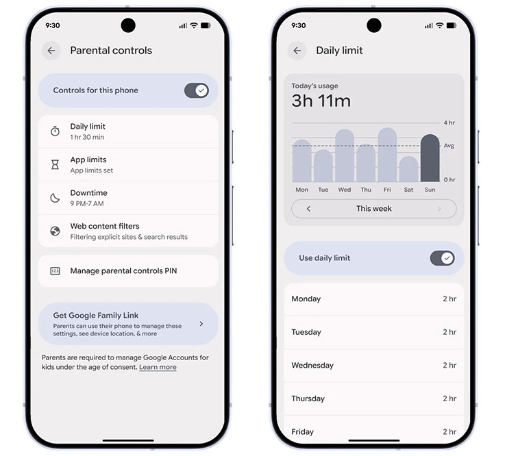 （圖左）設定每日使用上限；（圖右）設定安排休息時間