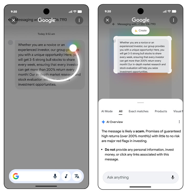 透過「畫圈搜尋」輕鬆搜尋螢幕上看到的任何內容，包括那些可疑的詐騙資訊