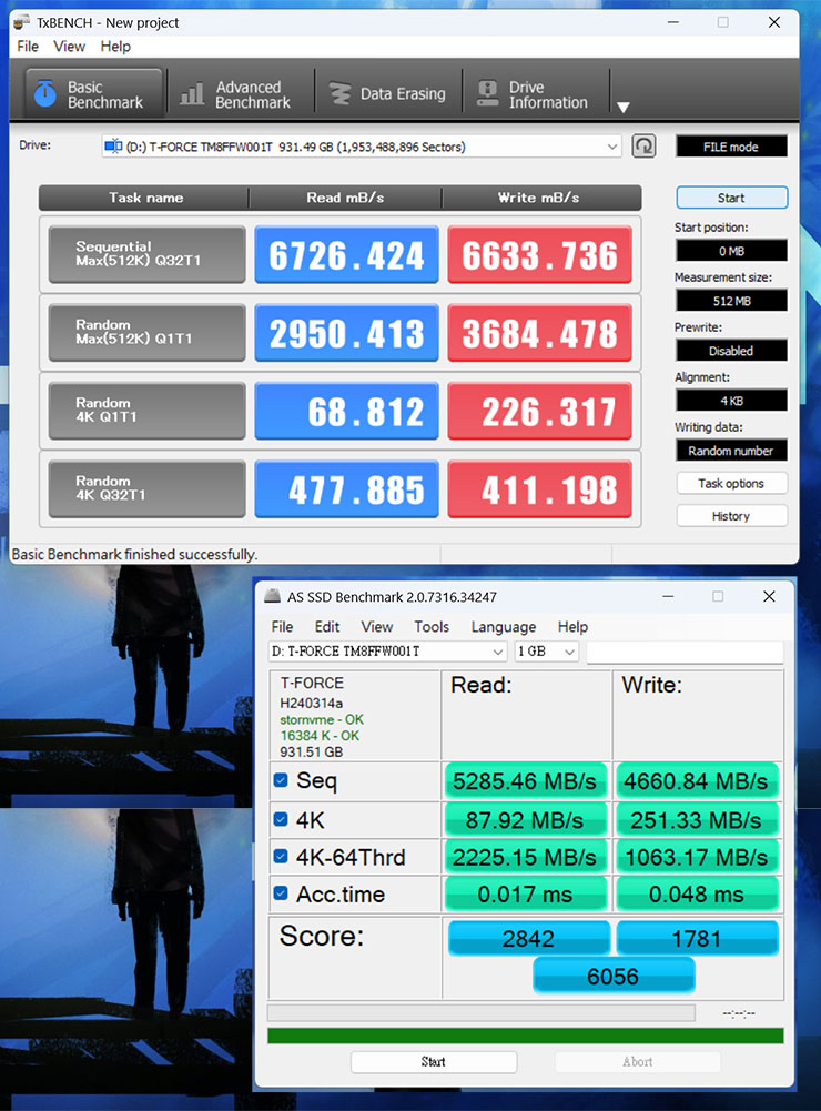 圖上透過 TxBENCH 進行跑分，循續讀取可達 6726.424 MB/s，循續寫入可達 6633.736 MB/s；圖下透過 AS SSD Benchmark 進行跑分，循續讀取可達 5285.46 MB/s，循續寫入可達 4660.84 MB/s