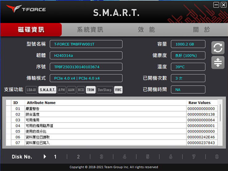十銓原廠的 S.M.A.R.T. 工具，可以方便使用者掌握系統磁碟資訊，包括主要的規格與運行狀態。